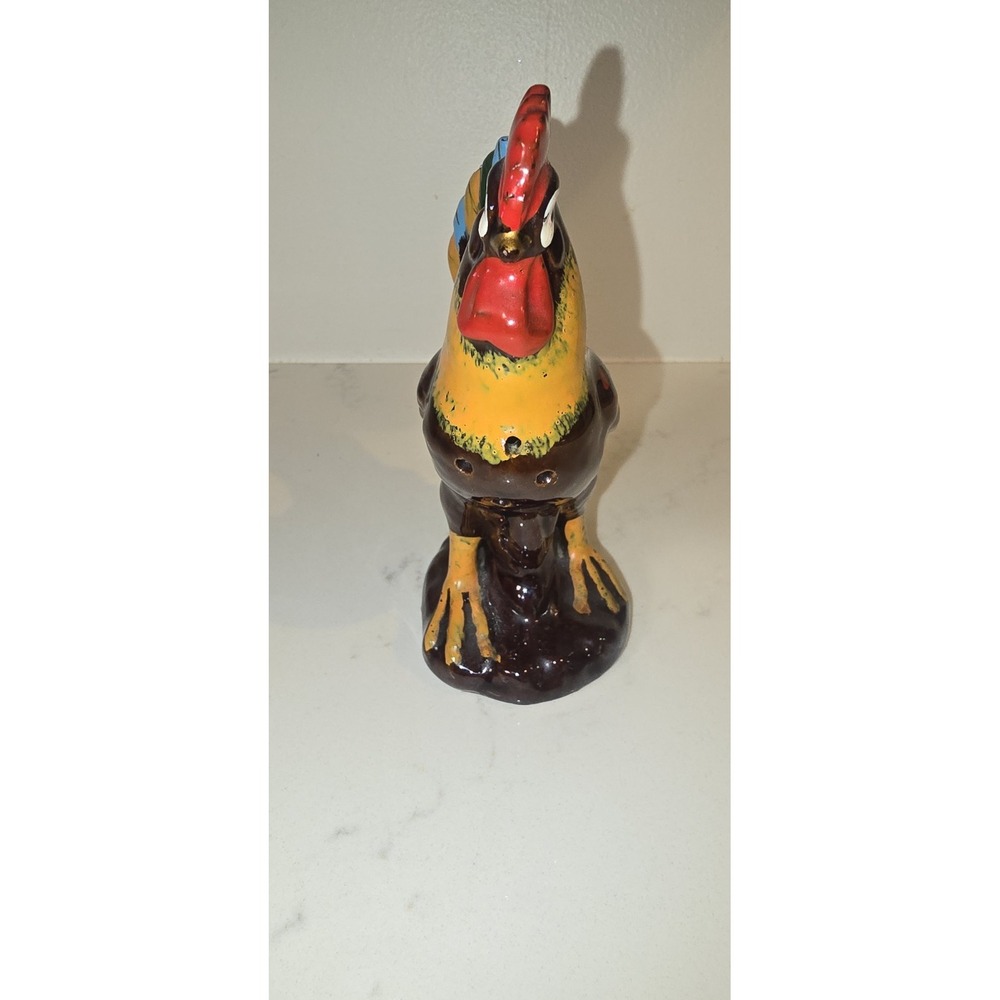 Vintage hand-painted rooster figurine Salt Shaker made from redware pottery.